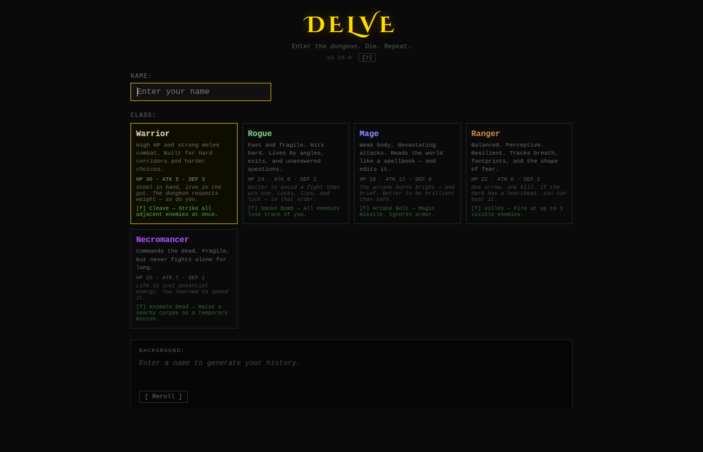 Screenshot of the Delve roguelike